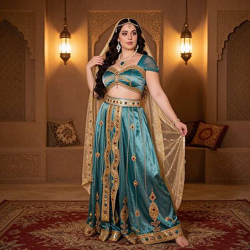 Photograph of a South Asian woman in a teal and gold traditional outfit with a sheer veil, standing in an ornately decorated room with warm lighting and