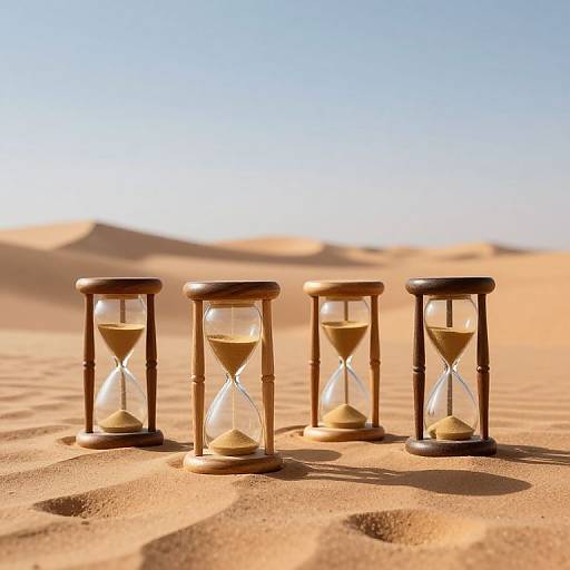 Photograph of five wooden hourglasses with sand, standing in a sunlit desert with golden sand dunes and a clear blue sky.