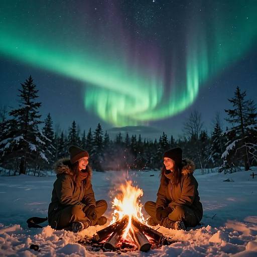 Aurora Campfire Connection in Snowy Wilderness