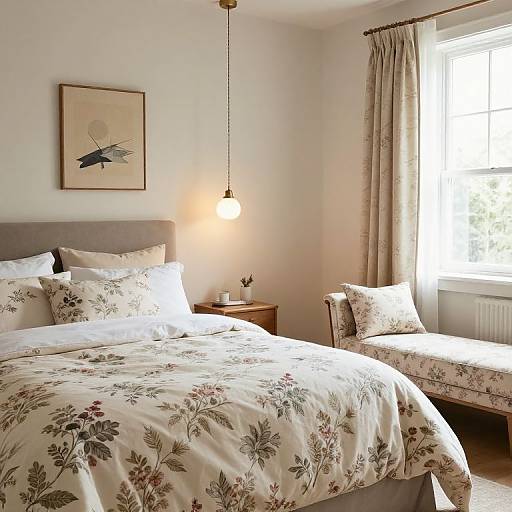 Cozy bedroom photograph: Floral-patterned bedding, upholstered gray headboard, floral armchair, pendant light, beige curtains, framed bird artwork,