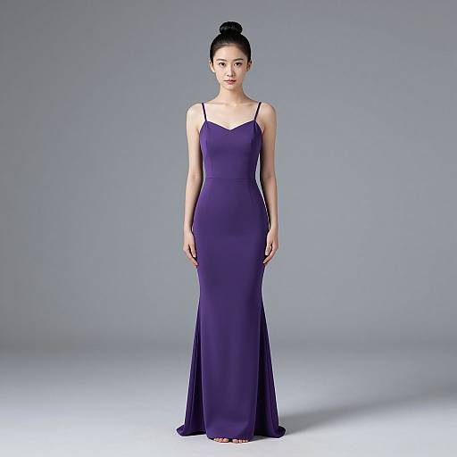 Photograph of an East Asian woman with a bun hairstyle, wearing a form-fitting, sleeveless, deep purple evening gown, standing against a plain