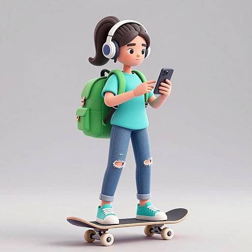 Digital illustration of a young girl with black hair in a ponytail, wearing headphones, blue shirt, ripped jeans, and turquoise shoes, skateboarding while
