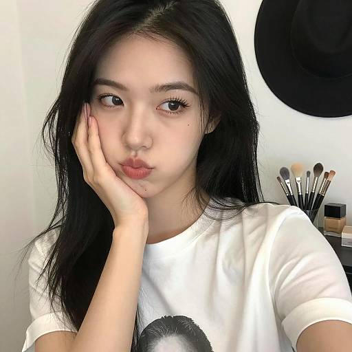 Asian Woman Pouting in White T-Shirt Selfie