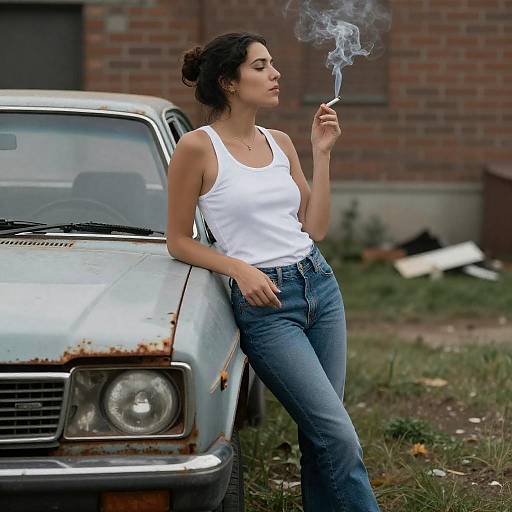 Calm Woman by an Old Rusted Car