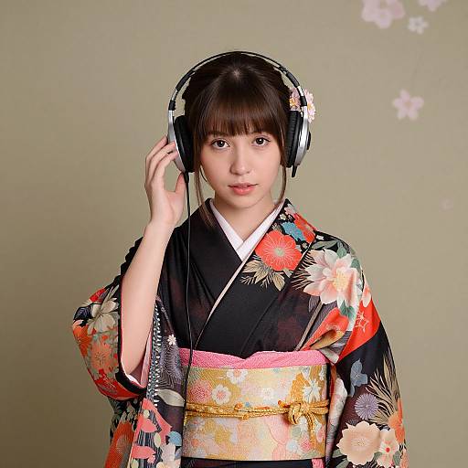 Young Woman in Kimono Wearing Headphones