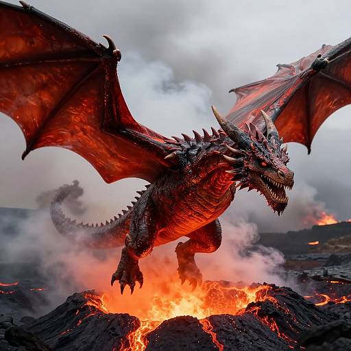 Photograph of a fierce, red-scaled dragon with large wings soaring over a fiery, lava-filled volcanic landscape with billowing smoke.