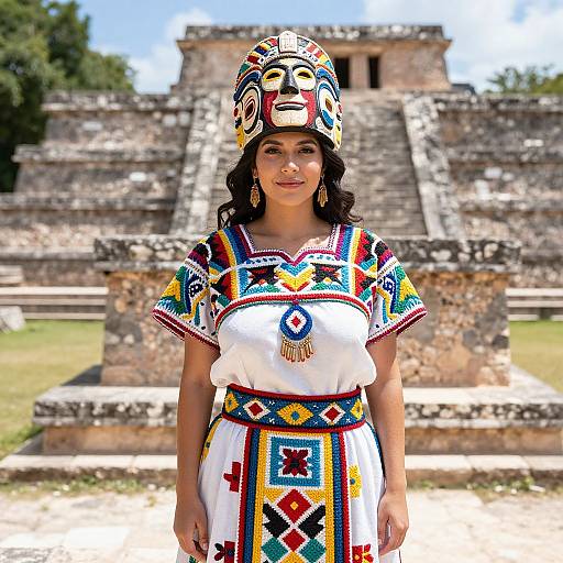 Photograph of a woman in traditional Mexican attire with colorful embroidery, patterned hat, and gold necklace, standing in front of an ancient Mayan pyramid