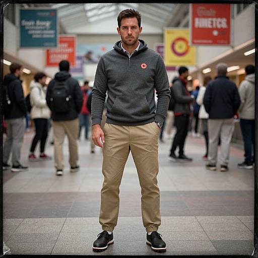 Photograph of a bearded man in a gray hoodie and beige pants standing in a busy, brightly lit shopping mall.