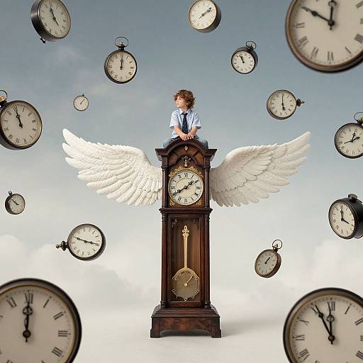Photograph of a child with angel wings, wearing a blue shirt, standing on a wooden clock, surrounded by floating clocks.