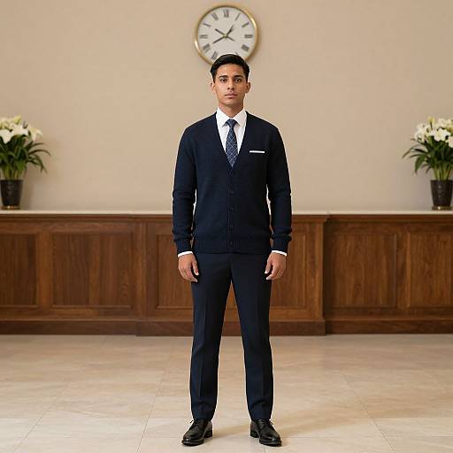 Photograph of a young South Asian man in a black suit, white shirt, and tie, standing in a formal room with wooden wainscoting