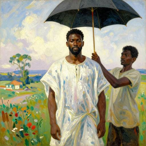Oil painting of two Black men; one in white tunic, holding black umbrella, other in white shirt, standing in vibrant field.