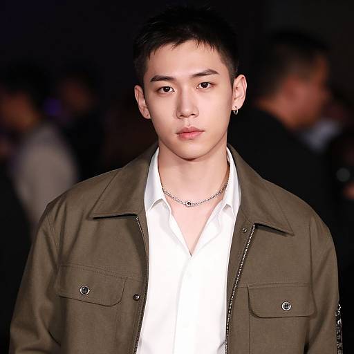 Photograph of an Asian male model with short black hair, wearing a brown jacket over a white shirt, silver necklace, and earring, with a