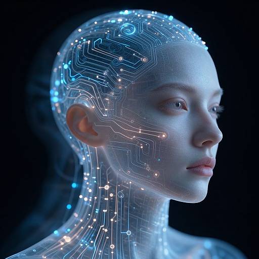 Digital CGI portrait of a woman with a glowing, circuit-patterned head and neck against a black background, featuring blue and white lights.