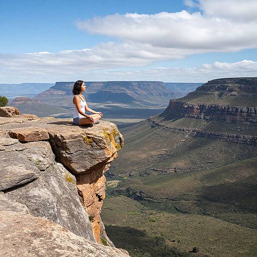 Photograph of a woman with long brown hair, wearing a white tank top, sitting on a rocky cliff, overlooking vast, sunlit mountain valleys under