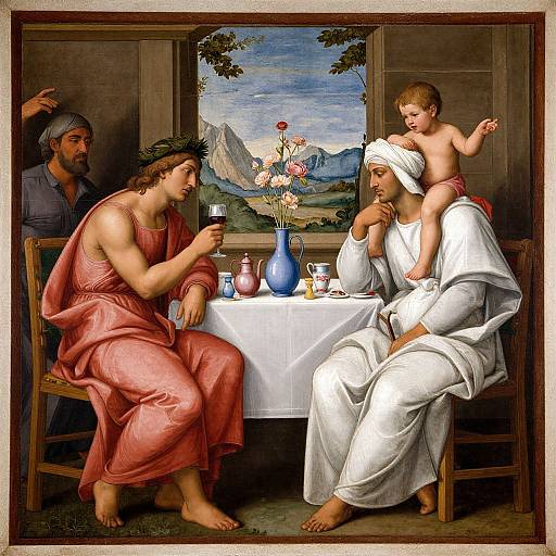Renaissance painting of a woman in pink, a man in white, and a child, drinking at a table with a vase, mountain view,