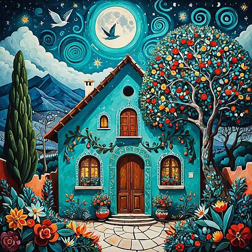 Chagall-Inspired Turquoise Holiday Casita Scene
