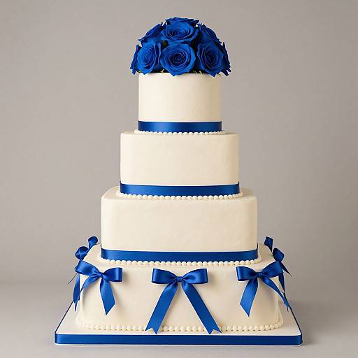 Photograph of a three-tier white wedding cake with blue ribbon accents, blue rose bouquet on top, and blue bows on each tier.