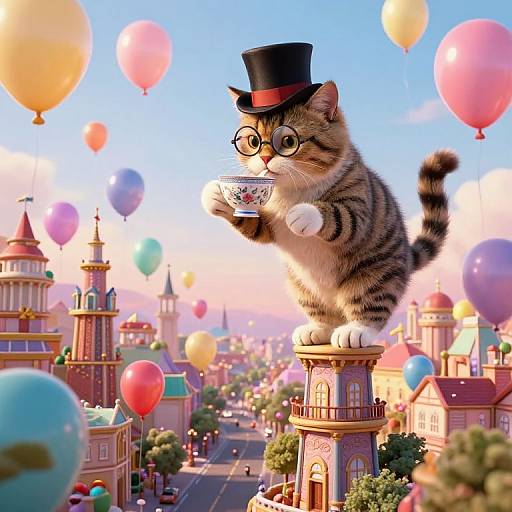 Whimsical digital illustration: Adorable tabby cat with glasses and black top hat, drinking tea from a delicate cup, perched on a tower