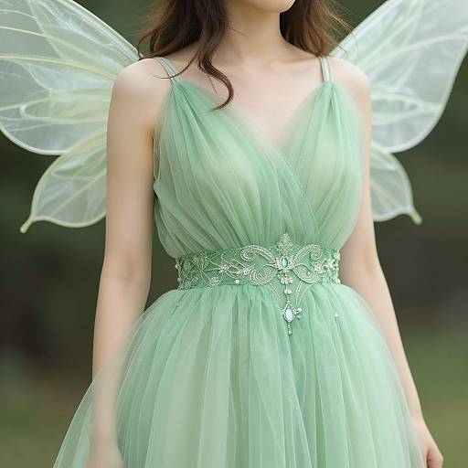 Photograph of a slender woman with fair skin, wearing a mint green, sleeveless, V-neck, tulle dress with floral embroidery, and transparent