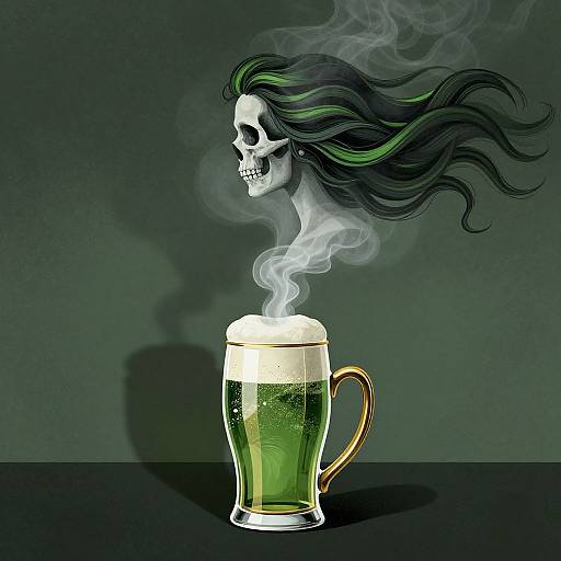 Digital artwork: A ghostly, grinning skull with black and green flowing hair emerges from a steaming, green beer mug on a dark surface.