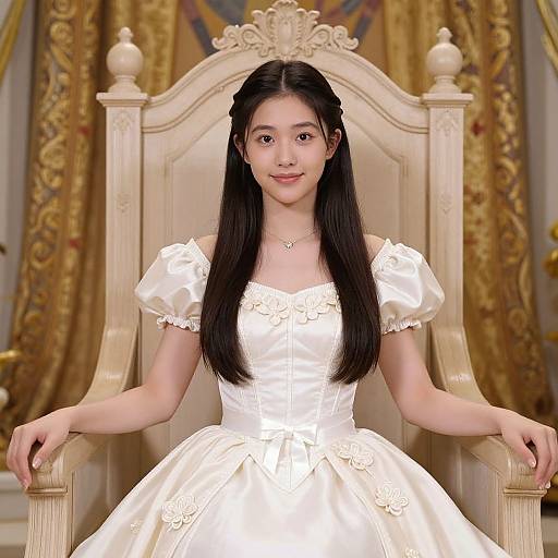 Young Asian woman with long black hair in a white, lace-trimmed ball gown sits regally on an ornate, golden throne.