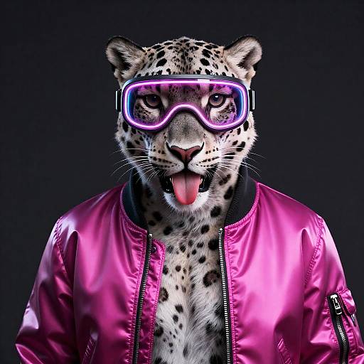 Cyberpunk Snow Leopard in Neon Visor and Magenta Bomber Jacket