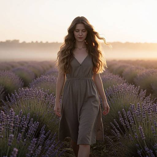 Photograph of a young woman with long wavy brown hair in a grey V-neck romper, walking through a lavender field at sunset, with a