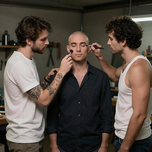 Makeup Application in Dimly Lit Workshop