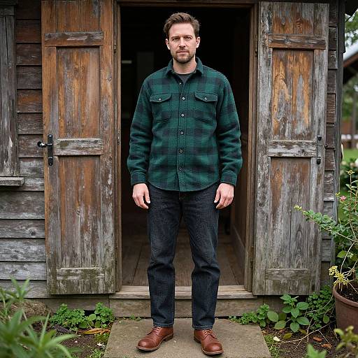 Photograph of a bearded man with short brown hair, wearing a green plaid shirt, black jeans, and brown boots, standing in front of