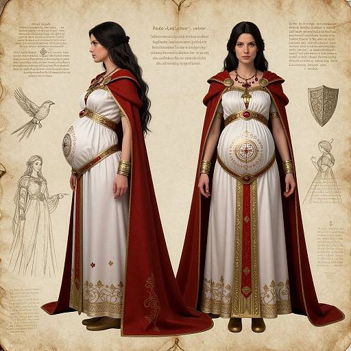 Digital illustration of a pregnant woman in a medieval-style white gown with gold trim and red cape, standing side-by-side. Background features sketches and text on