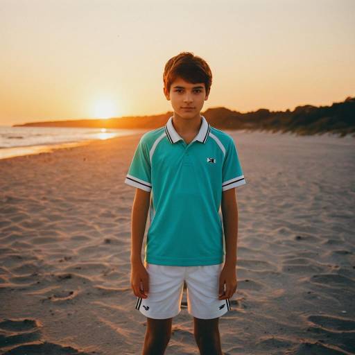 Adolescent Boy in Tennis Outfit on Beach at Sunrise