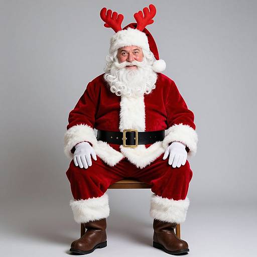 Photograph of a Santa Claus with red antlers, white beard, red velvet suit with white fur trim, black belt, white gloves, and brown