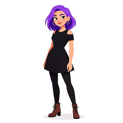 Digital cartoon of a smiling woman with purple hair, black off-shoulder dress, black pants, brown boots, and large hoop earrings, standing against