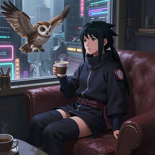 Cyberpunk Ninja Girl with Owl and Coffee