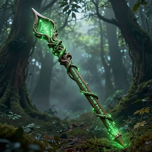 Photorealistic CGI of a glowing, green, ornate staff with intricate designs, standing in a foggy, mystical forest. Ethereal light and