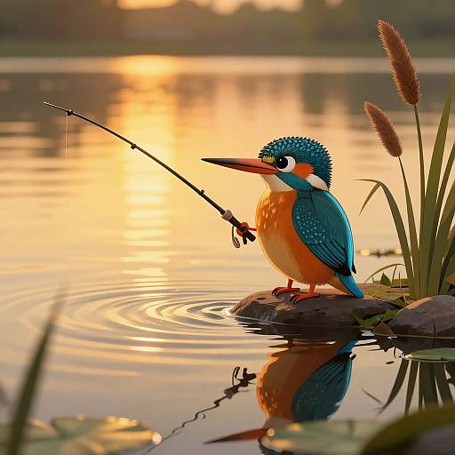 Photograph of a vibrant blue and orange kingfisher with a fishing rod, standing on a rock in a serene lake at sunset, with reeds