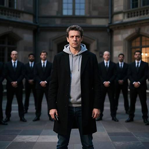 Serious Man in Dark Stone Courtyard