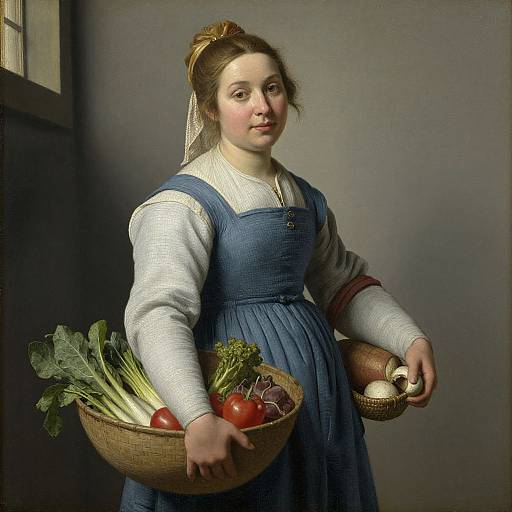 Photograph-style painting of a young Caucasian woman with fair skin and brown hair in a bun, wearing a blue dress and white blouse, holding a basket