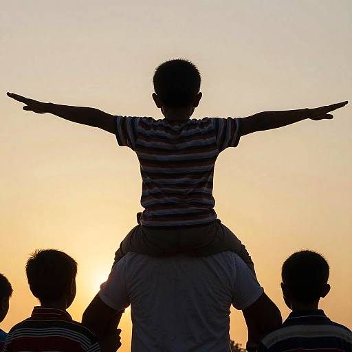 Child on Shoulders with Outstretched Arms at Sunset