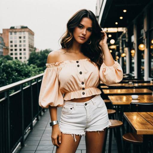 Young woman in peach blouse and white shorts on urban cafe terrace