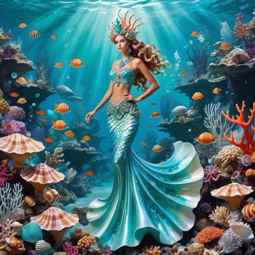 Elegant Merfolk in Enchanted Coral Reef Elegant Merfolk in Enchanted Coral Reef