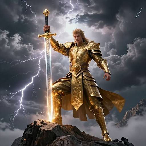 Epic photograph: Golden-armored warrior with long blonde hair stands on rocky peak, holding glowing sword amidst dramatic lightning-filled cloudy sky.