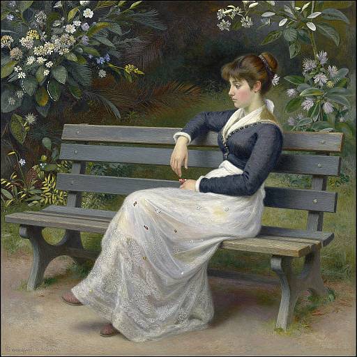 Victorian-style painting of a woman with brown hair in an updo, wearing a black blouse and white lace dress, sitting on a wooden bench surrounded