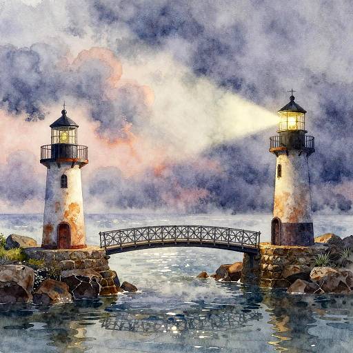 Watercolor Lighthouse Seascape with Footbridge
