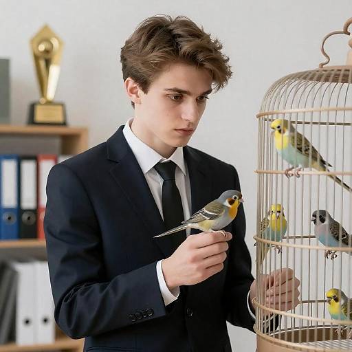 Young Man with Bird in Office Setting