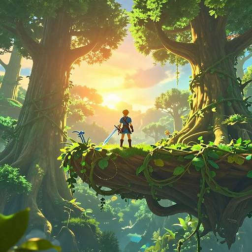 Digital fantasy artwork of a young warrior with blonde hair and blue shirt, standing on a vine-covered tree branch, holding a sword, surrounded by towering trees