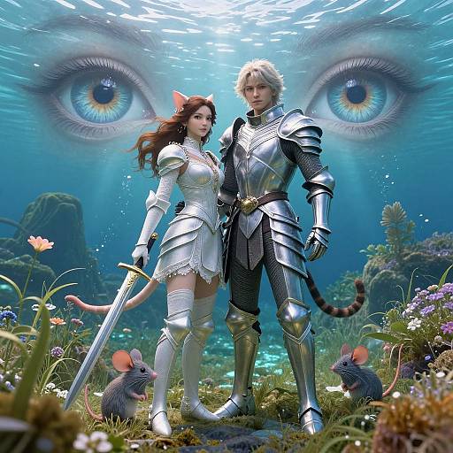 Digital fantasy artwork of a cat-eared, armored woman with a sword and a blonde, armored man standing underwater, surrounded by giant eyes, mice,
