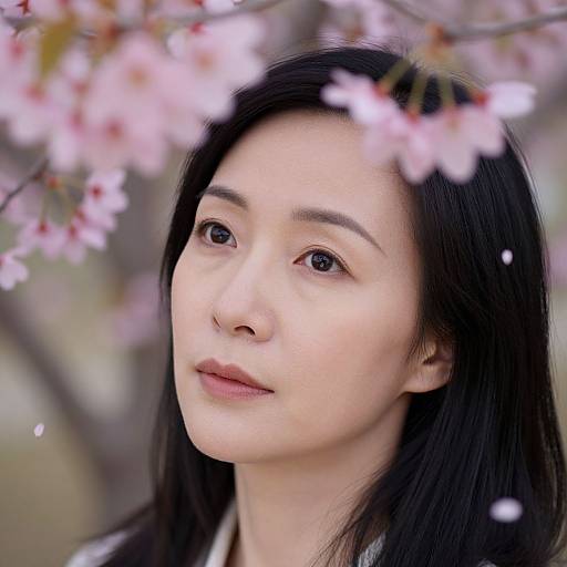 Photograph of an Asian woman with fair skin, black hair, and pink cherry blossoms in the foreground, gazing softly into the distance.