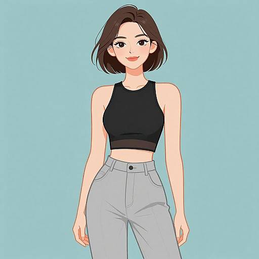 Digital anime-style drawing of a smiling woman with short brown hair, wearing a black crop top and light gray high-waisted pants, against a solid