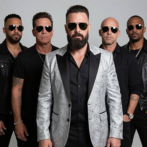 Photograph of five bearded men in black and silver suits, black shirts, and sunglasses, standing in a straight line against a plain white background.
